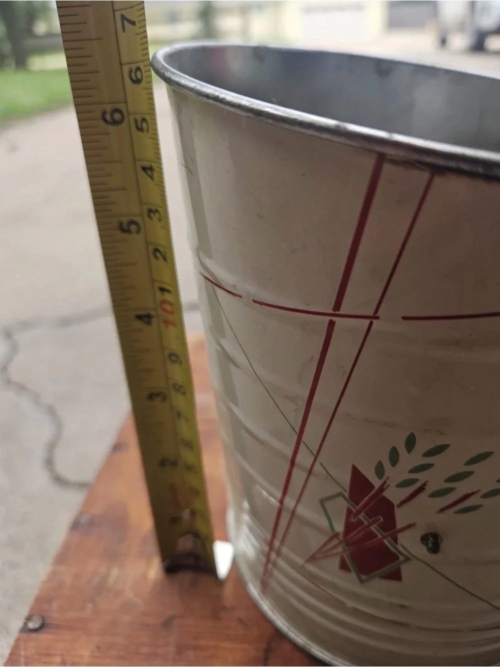 Vintage White Tin Hand Crank Flour Sifter with Red Green Design